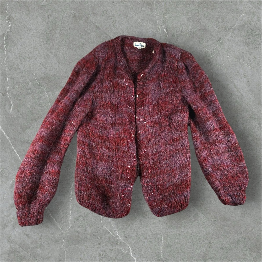 Vintage Belfin Cardigan Womens Small Red Mohair Wool Kurt Cobain 60s 70s Grandma